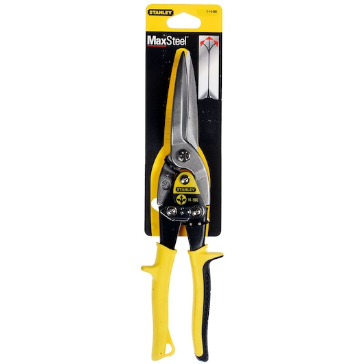 STANLEY 2-14-566 aviation snips with yellow and black handles, front view on white background in packaging.