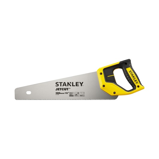 Stanley JetCut hand saw with yellow handle and 380mm steel blade, suitable for cutting wood.