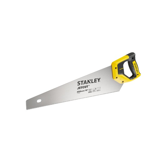 Photo of STANLEY 2-15-595 hand saw with yellow and black handle, 450mm JetCut blade, side angle on white background.