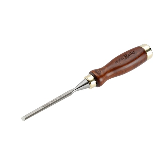 STANLEY 2-16-383 wood chisel with polished steel blade and varnished wooden handle, side angle on white background.