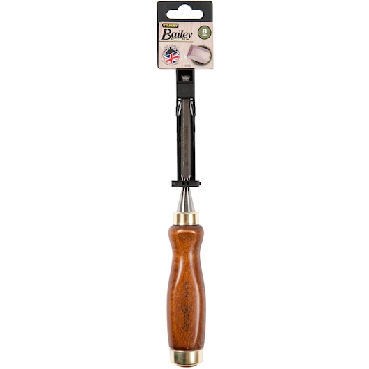 STANLEY 2-16-383 wood chisel with a polished wooden handle, brass ferrule, and protective cap, front view.