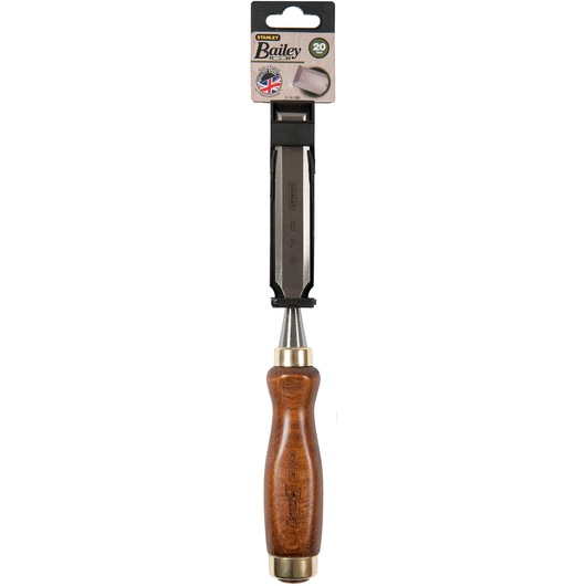 STANLEY 2-16-390 wood chisel with brown wooden handle, Bailey series, front angle on white background.