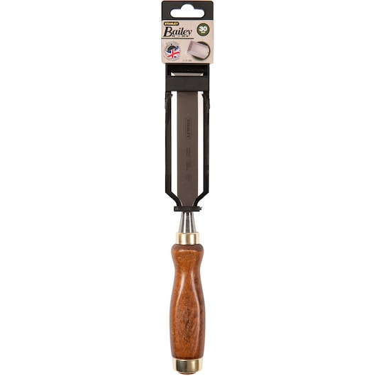 STANLEY 2-16-394 woodworking chisel with wooden handle, photographed front on white background.