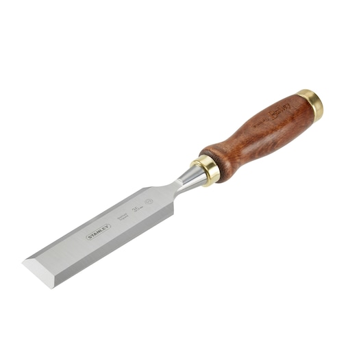 Photo of STANLEY 2-16-395 woodworking chisel with beveled steel blade and wooden handle, angled on white background.