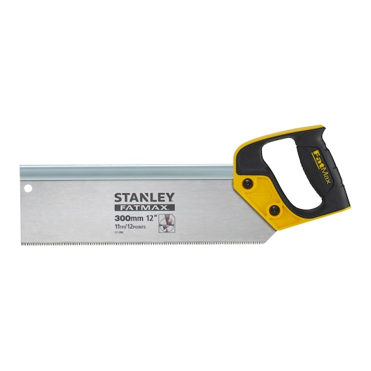 STANLEY 2-17-199 photography of FatMax 300mm back saw with yellow and black handle, side angle on white background.