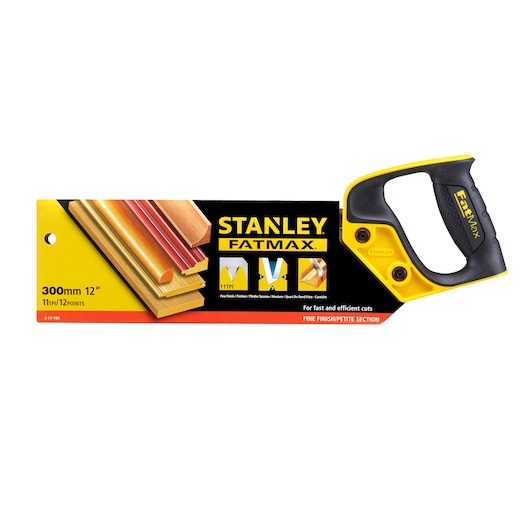 STANLEY 2-17-199 FATMAX 300mm 12" fine finish saw, yellow and black handle, packaging, front angle.