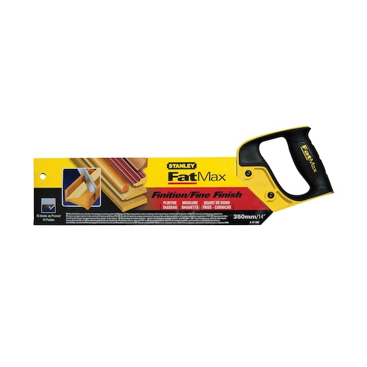 STANLEY 2-17-202 handsaw FatMax fine finish, black and yellow handle, side view on white background.