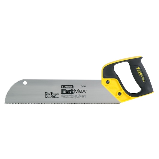 Photo of STANLEY 2-17-204 FatMax flooring saw with yellow and black handle, straight blade, angled view on white background.