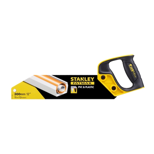 STANLEY 2-17-206 FatMax PVC and plastic saw, 300mm, yellow and black handle, front angle.