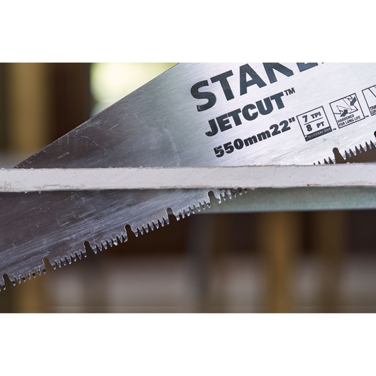 Stanley 2-20-037 JetCut™ hand saw blade close-up, showing sharp teeth and product details.