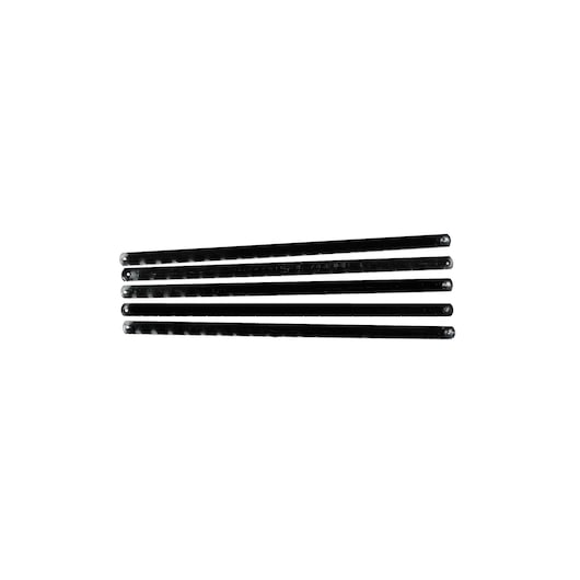 STANLEY 3-15-905 hacksaw blade set, four black metal blades, top-view on white background.