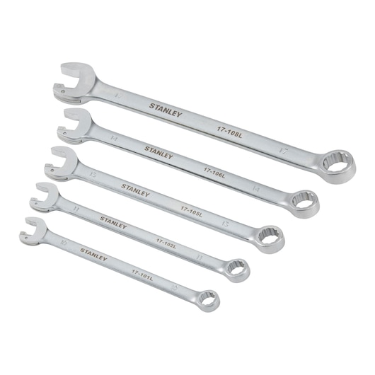 Photo of STANLEY 4-95-659 wrench set, five silver combination spanners arranged diagonally, on white background.