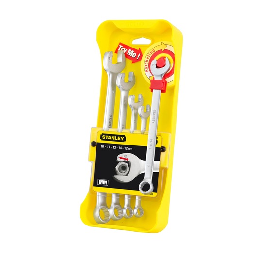 STANLEY 4-95-659 combination spanner set, five silver wrenches in yellow packaging, front angle.