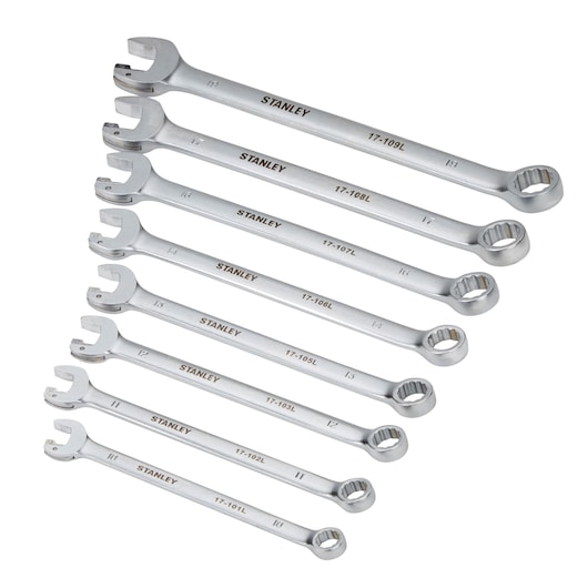 STANLEY 4-95-660 combination spanner set, eight-piece, silver, open and ring ends, angled view on white background.