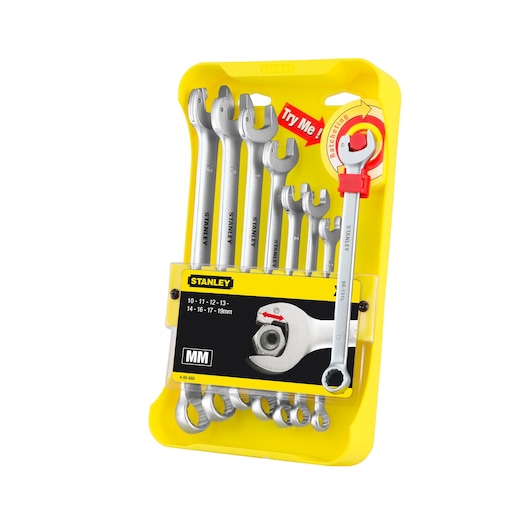 STANLEY 4-95-660 combination ratcheting spanner set, 8 pieces, in yellow plastic packaging, front angle.