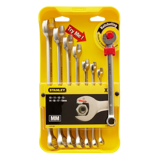 STANLEY 4-95-660 ratcheting combination wrench set, 8 pieces, in yellow plastic packaging, front angle.