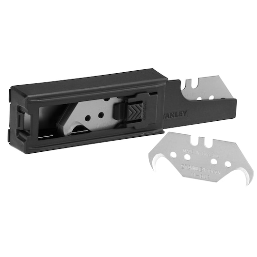 Stanley utility blades in black dispenser, two spare blades shown outside. Suitable for cutting tasks.