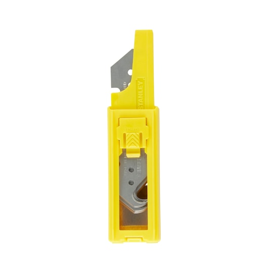 Photo of STANLEY 6-11-802 utility blade dispenser in yellow plastic, front angle, showing metal blades.