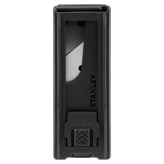STANLEY 6-11-802 utility blade dispenser, black plastic case, front angle on white background.
