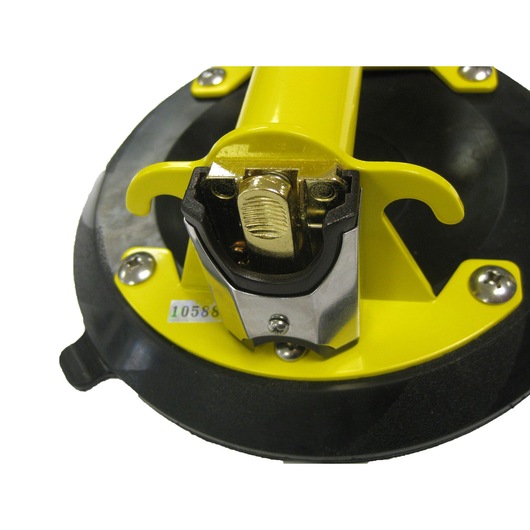 STANLEY 6-97-187 yellow and black suction cup lifter close-up, showing metal release lever, photography, top angle.
