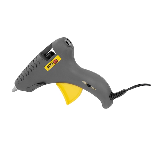 STANLEY 6-GR25 gray and yellow glue gun, side angle, with cord and temperature switch visible.