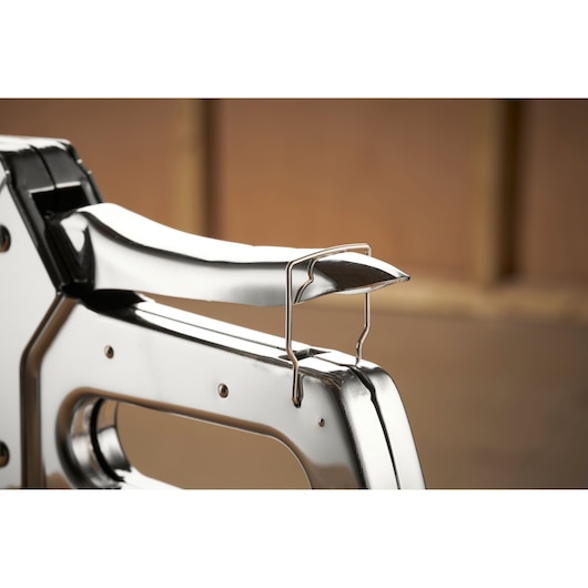 STANLEY 6-TR110 stapler side angle, shiny metal body and ergonomic handle.