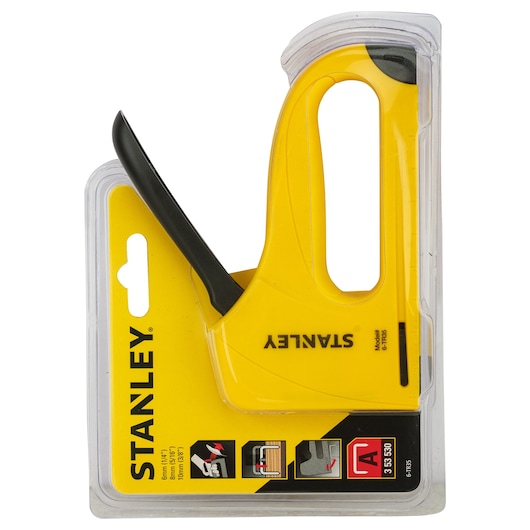 Photo of STANLEY 6-TR35 yellow manual staple gun in retail packaging, angled front view.