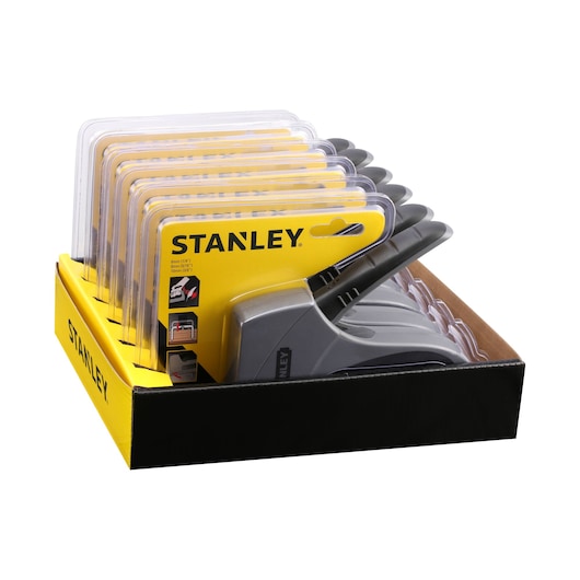 STANLEY 6-TR40 stapler display box, angled side view showing multiple packaged staplers.