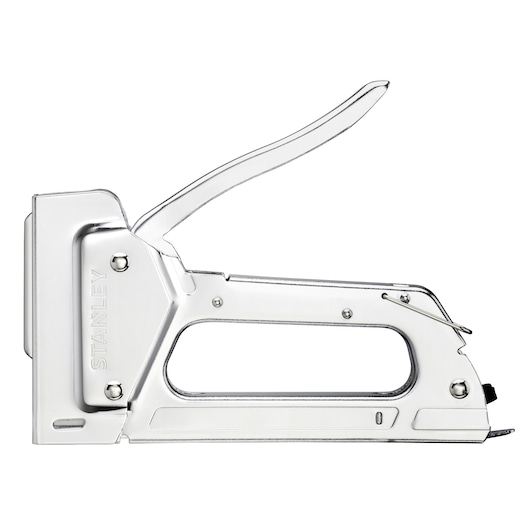 Photo of STANLEY 6-TR45 heavy-duty metal staple gun, side view on white background.