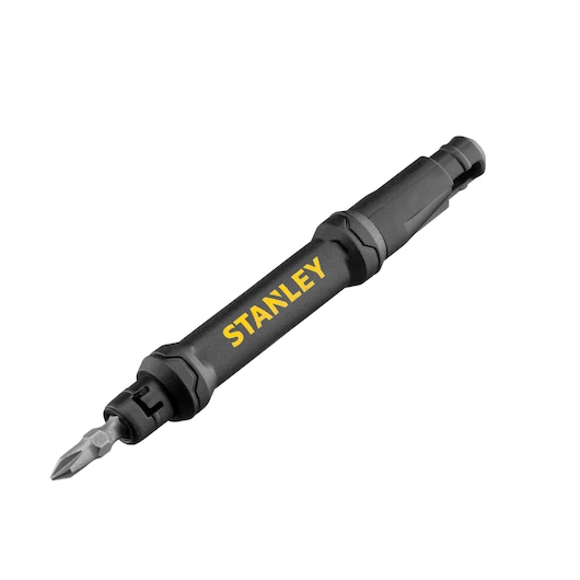 STANLEY 66-344M black multi-bit screwdriver, angled on white background.