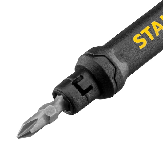 STANLEY 66-344M screwdriver close-up, black handle with yellow branding and Phillips bit.