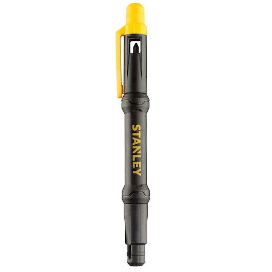 STANLEY 66-344M black and yellow pocket screwdriver, front angle, pen-shaped with clip.