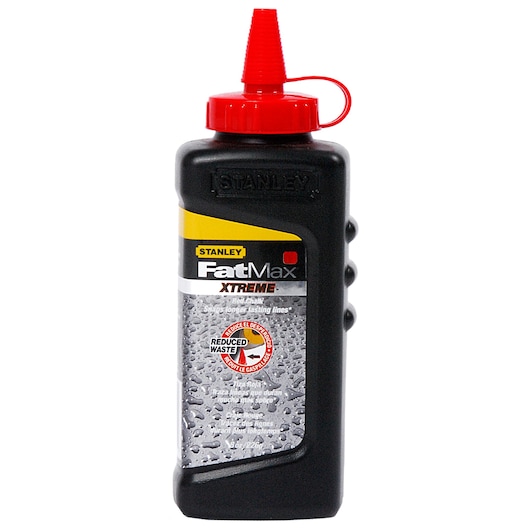 Stanley FatMax Xtreme chalk bottle with a red cap, used for marking lines in photography and construction.