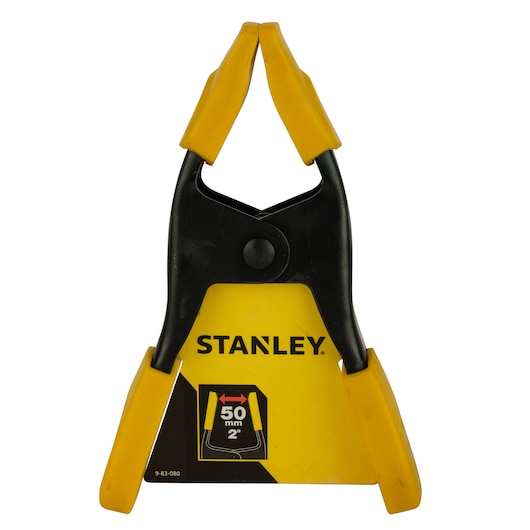 Photo of STANLEY 9-83-080 spring clamp, black and yellow, 50mm capacity, front view on white background.