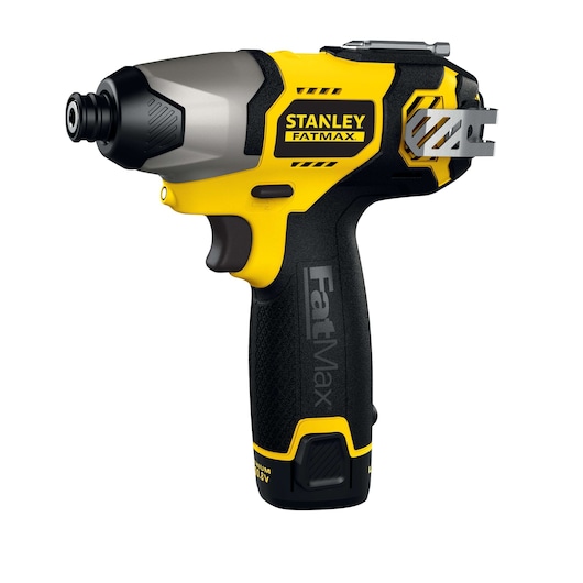 STANLEY FMC040LB cordless impact driver, yellow and black, side view on white background, power tool category.