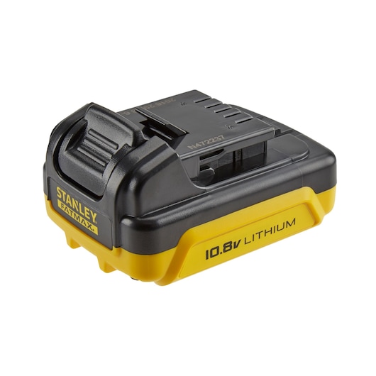 STANLEY FMC086L lithium battery 10.8V, black and yellow, product close-up on white background.