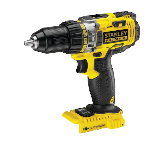 STANLEY FMC600B cordless drill FATMAX 18V yellow and black, side angle, on white background.