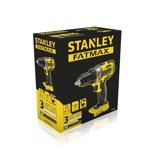 STANLEY FMC600B cordless drill packaging, yellow and black, front angled view, product features visible.