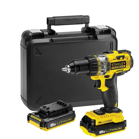 STANLEY FMC600D2 cordless drill with case and two 18V lithium batteries, front angle photo on white background.