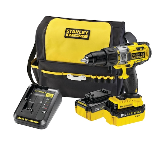STANLEY FMC600M2S cordless drill kit with yellow and black drill, charger, two 18V lithium batteries, and tool bag, front angle.