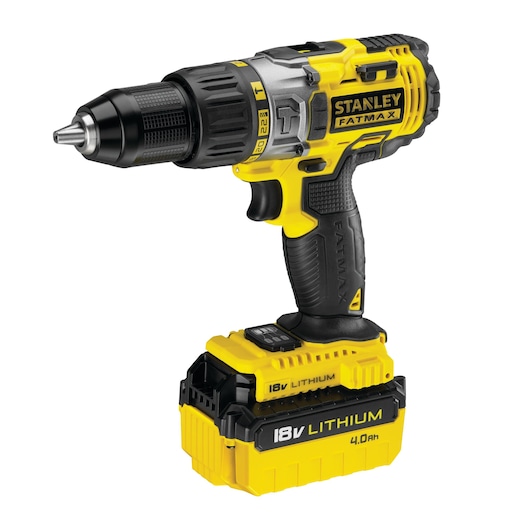 STANLEY FMC600M2S cordless drill with 18V 4.0Ah lithium battery, yellow and black, side angle photo.