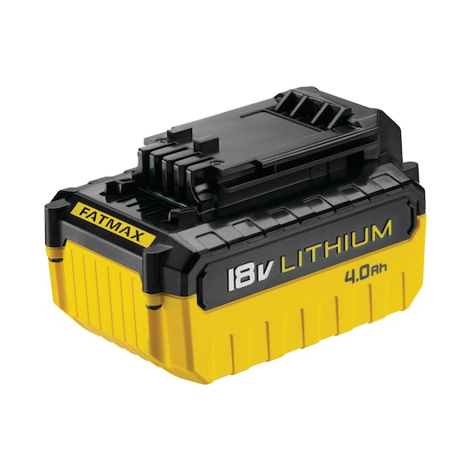 STANLEY FATMAX FMC600M2S 18V lithium 4.0Ah battery pack, yellow and black, product photography, angled view.