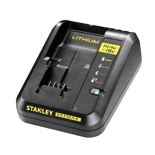 Photo of STANLEY FMC600M2S battery charger, black with yellow labels, angled view on white background.