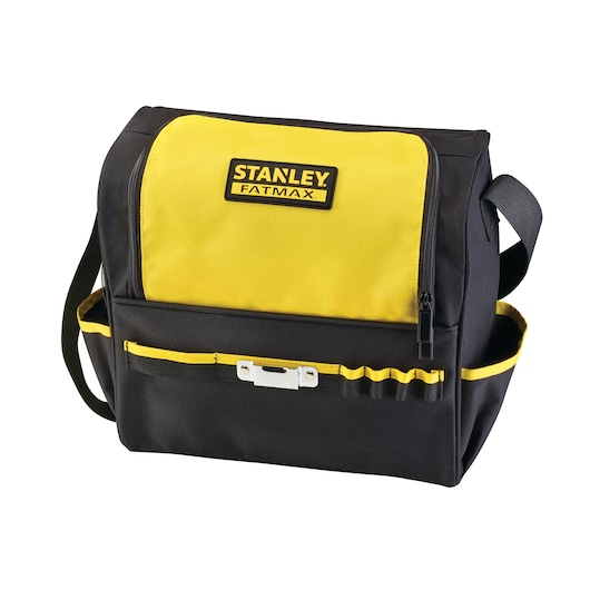 STANLEY FMC600M2S tool bag, black and yellow, front angle, with exterior pockets and shoulder strap.