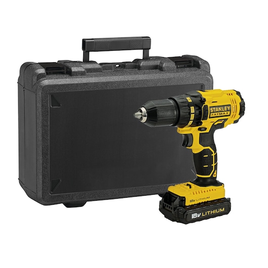 STANLEY FMC601C2K cordless drill with yellow and black body and 18V lithium battery, shown with black carrying case, front angle.