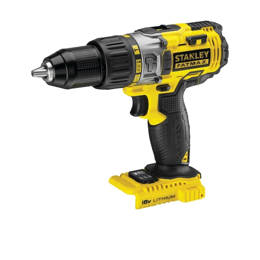 STANLEY FMC625B cordless drill, yellow and black, right side angle, showing grip and 18V lithium battery slot.
