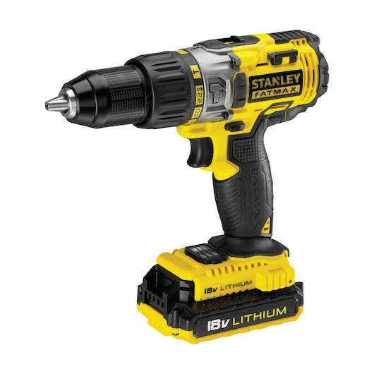 STANLEY FMC625D2 cordless drill, yellow and black, right side angle, 18V lithium battery.
