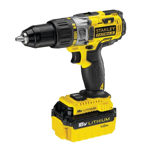 STANLEY FMC625M2S cordless drill driver, yellow and black, side angle, with 18V lithium battery.