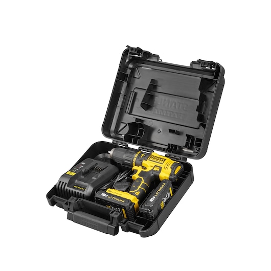 Stanley cordless drill set with charger and batteries in a black carrying case.