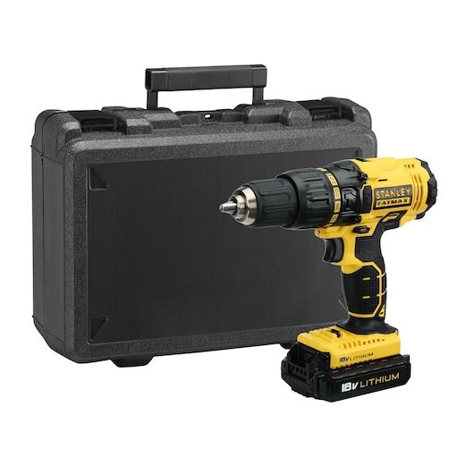 STANLEY FMC626C2K cordless drill with black carrying case, front angle on white background.
